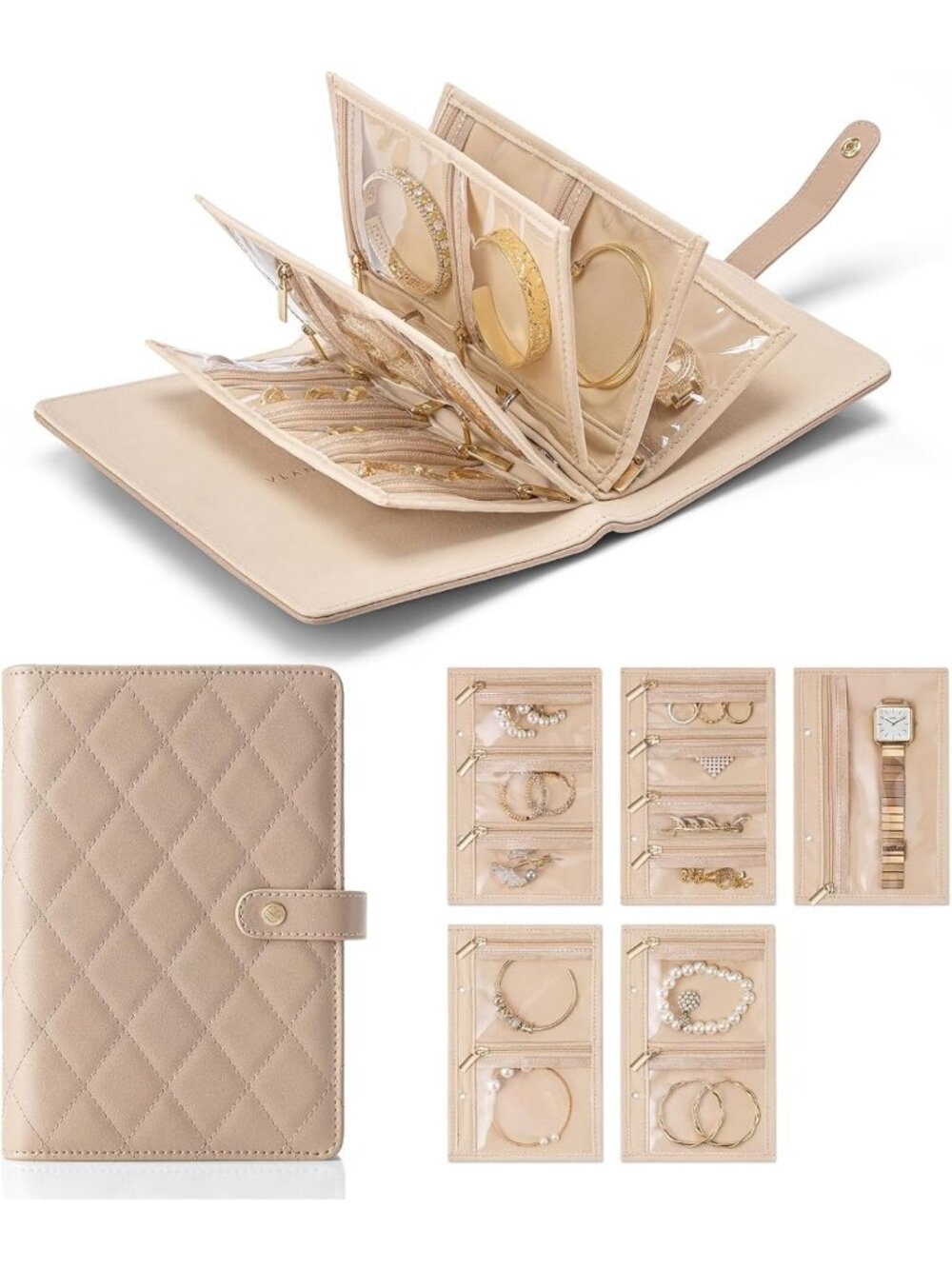Jewelry Travel Organizer with Clear Velvet Pouches - Loose-Leaf Design, Toffee